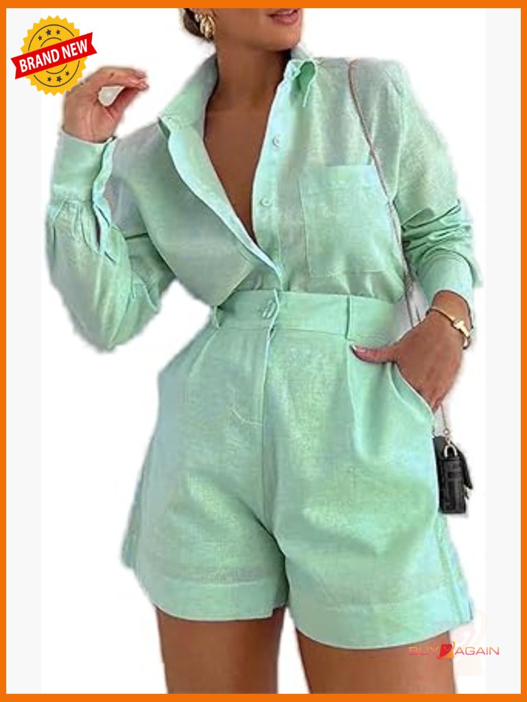 Women's 2 Piece Button Down Top & High Waisted Shorts Set With Pockets